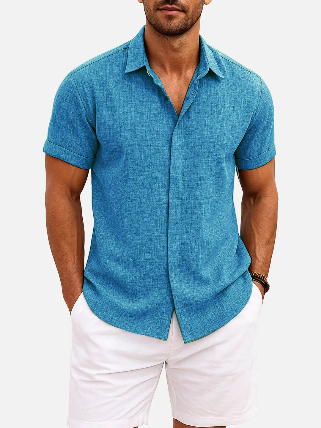 Classic men's textured button down, short sleeve, perfect for casual summer wear.