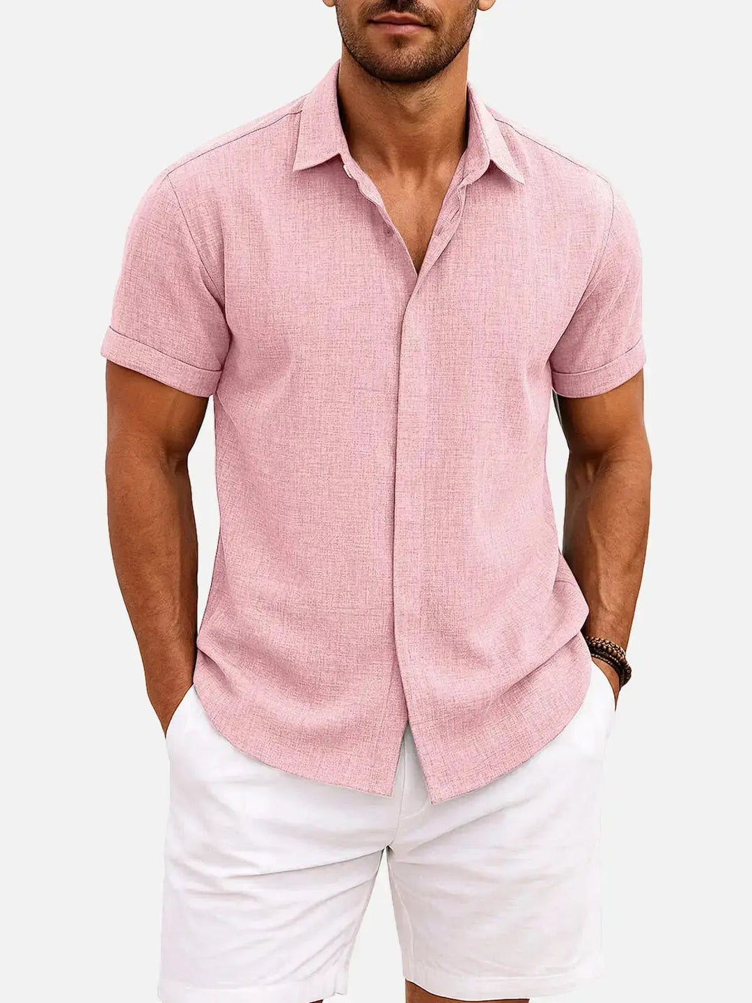 Modern men's textured short sleeve shirt, collared, for a stylish summer look.