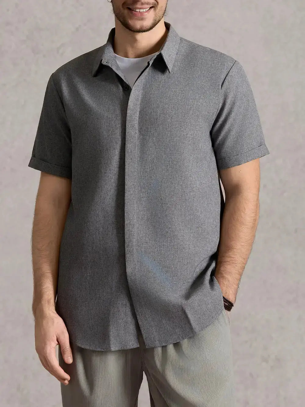 Men's fashion: textured casual button down shirt, short sleeve, for summer.