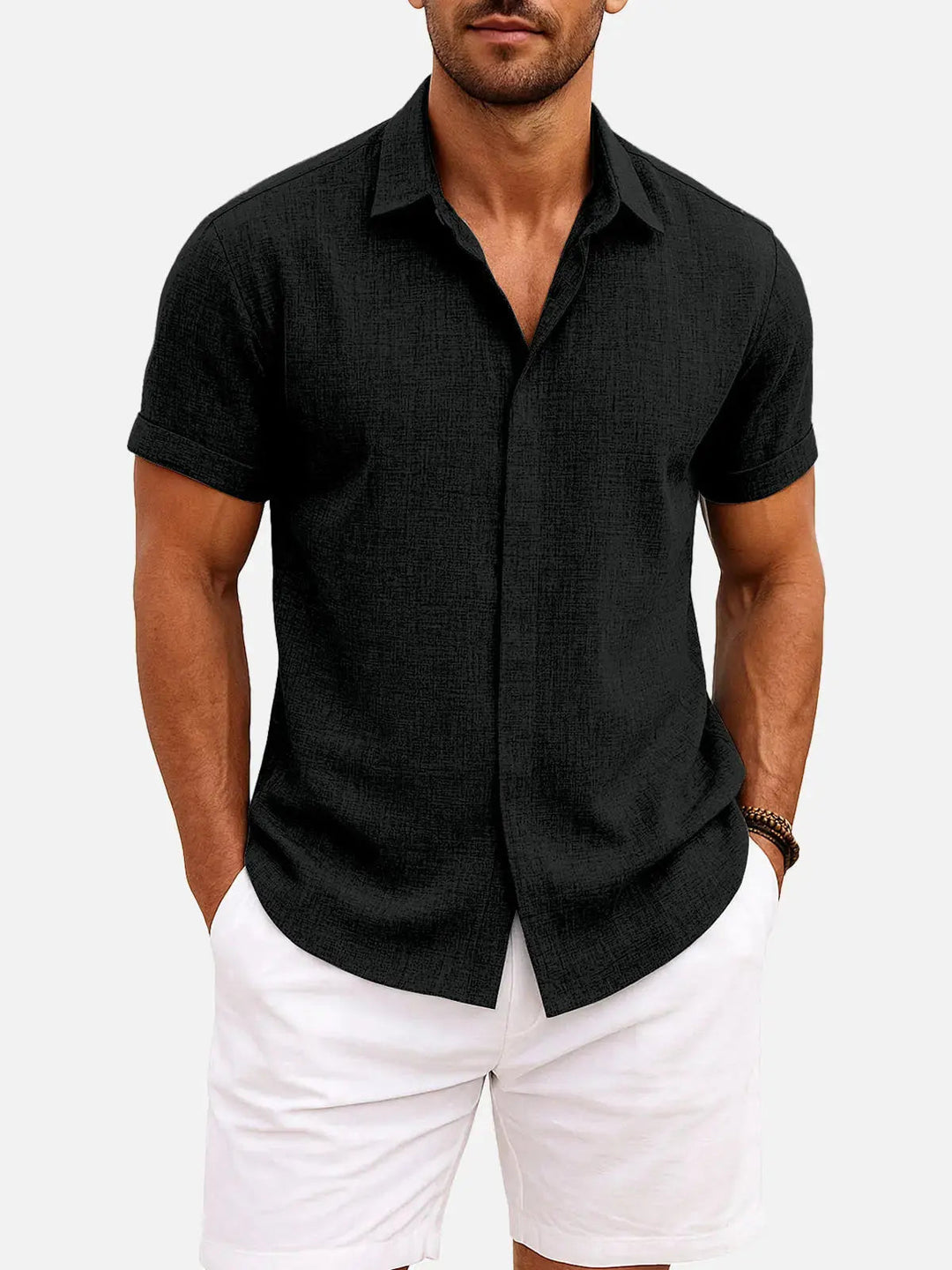 Stylish men's textured short sleeve collared shirt, perfect for casual summer fashion.