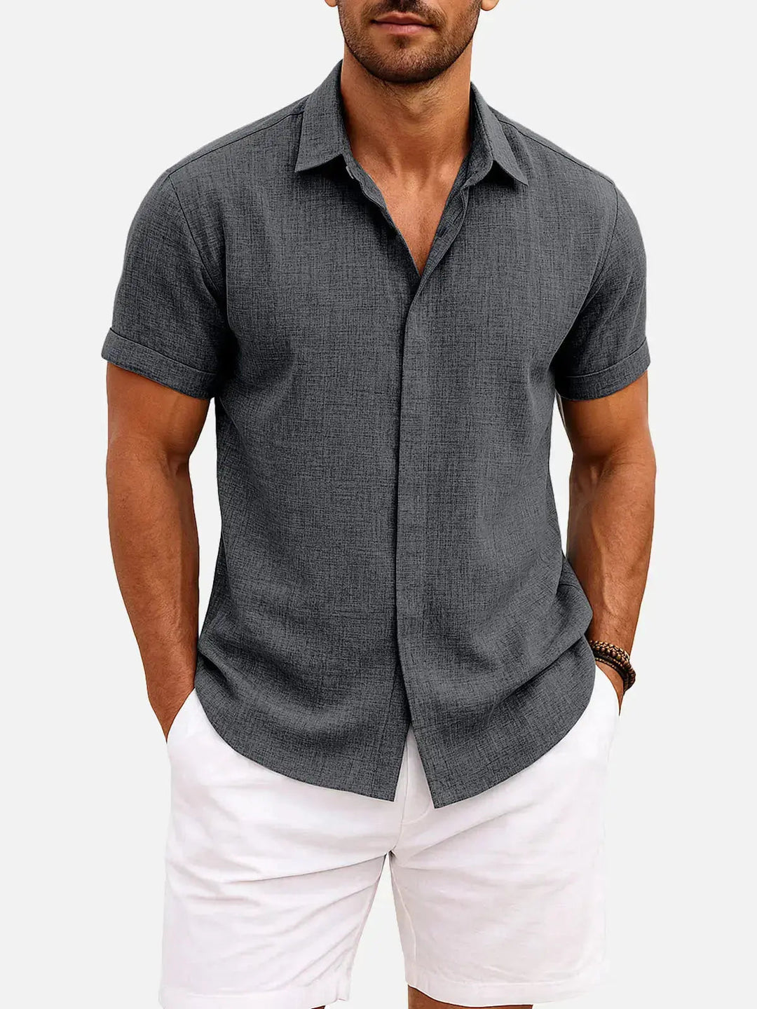 Lightweight textured men's button down shirt, perfect for casual summer days.
