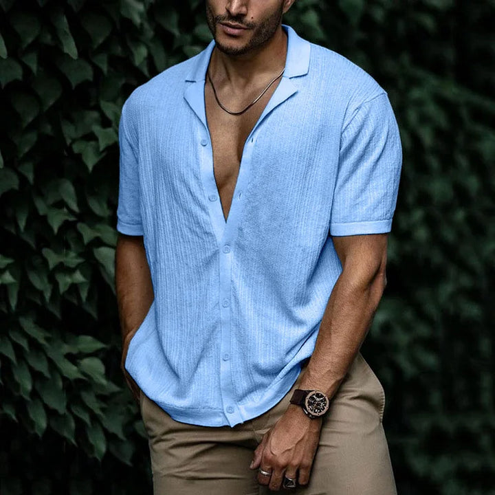 Men's textured Cuban collar summer shirt. Relaxed fit, short sleeve button-down for casual style.