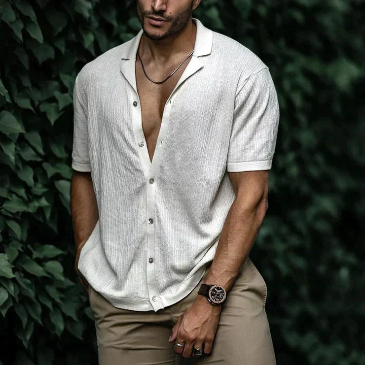Casual men's textured Cuban collar shirt. Perfect for summer vacation, beachwear, and relaxed everyday outfits.