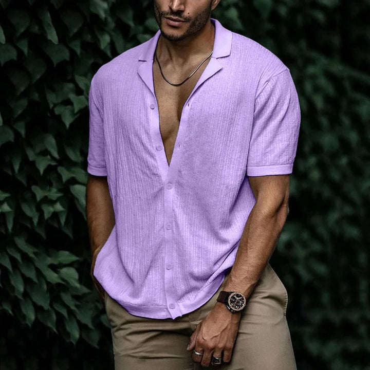 Lightweight men's textured short sleeve shirt with classic Cuban collar. Ideal for hot summer days & breathability.