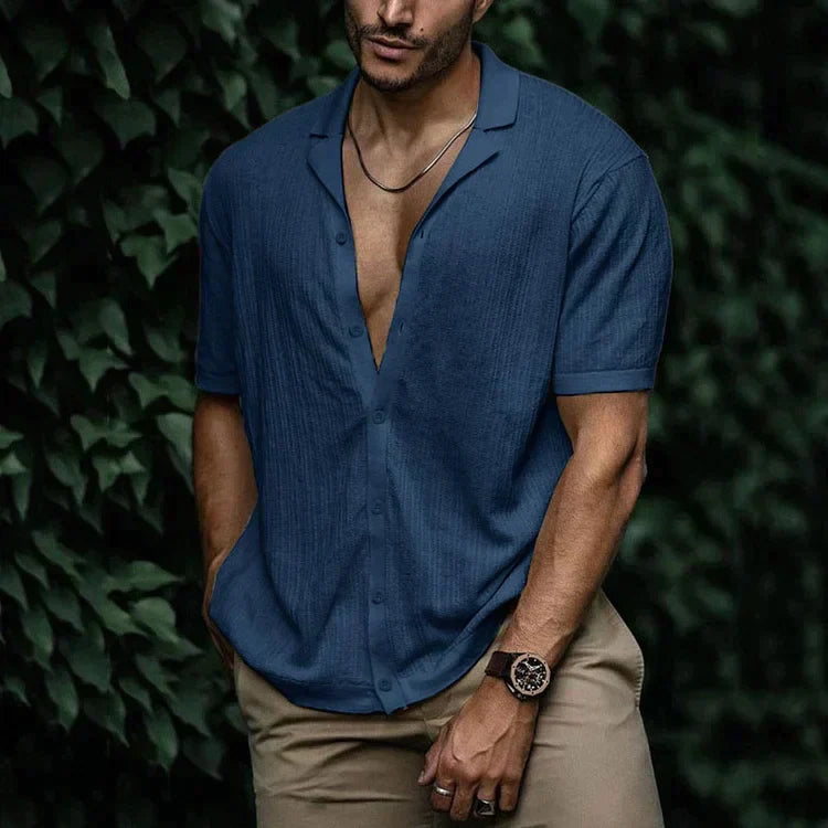 Fashionable men's textured Cuban collar shirt. Styled for a casual summer everyday look, short sleeves.