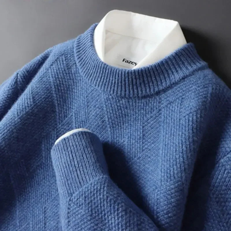 Versatile textured knit sweater for men, suitable for layering and adding warmth to autumn outfits.