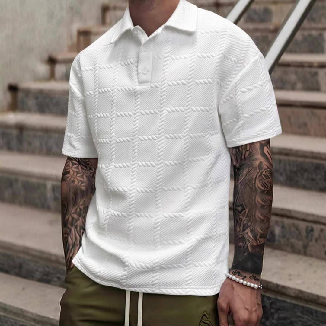 Men's textured polo shirt, breathable & refined. Short sleeve for summer & smart casual wear.