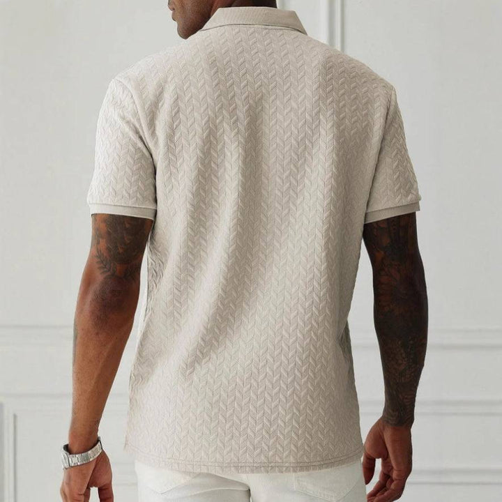 Smart casual men's short sleeve polo shirt. Versatile, refined, textured top for everyday style.
