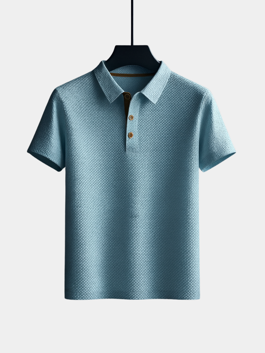 Men's textured polo shirt in a stylish casual design with spread collar and short sleeves. Perfect for summer fashion.