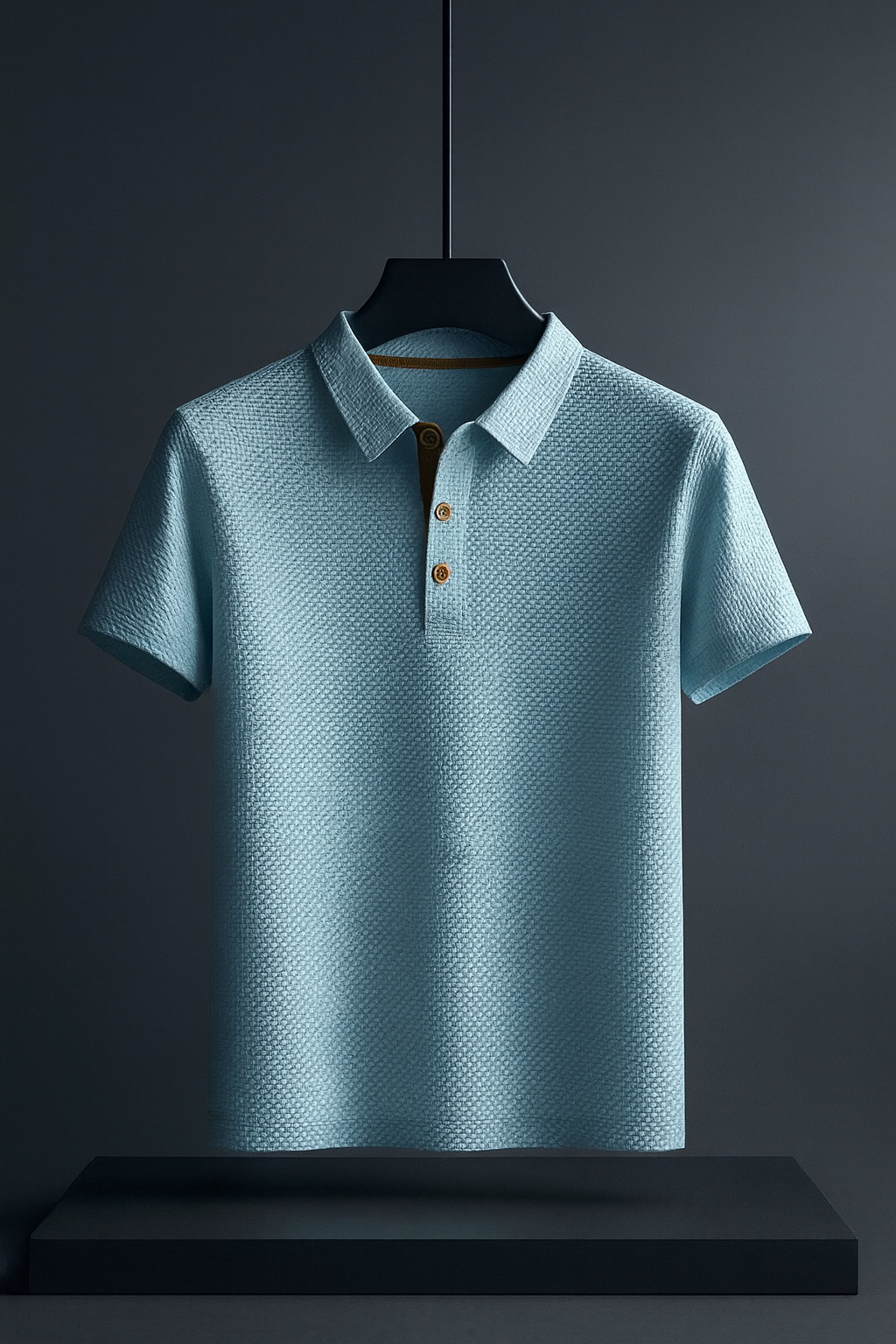 Casual men's short-sleeve polo shirt with unique textured fabric, button-down style, offering comfort and modern look.