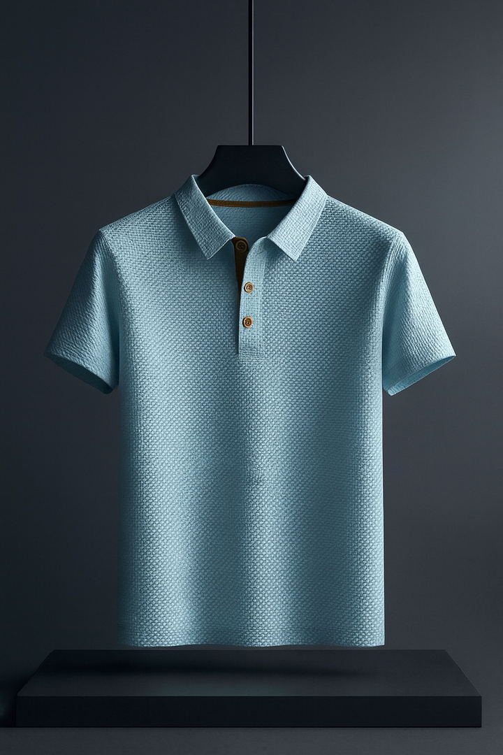 Casual men's short-sleeve polo shirt with unique textured fabric, button-down style, offering comfort and modern look.