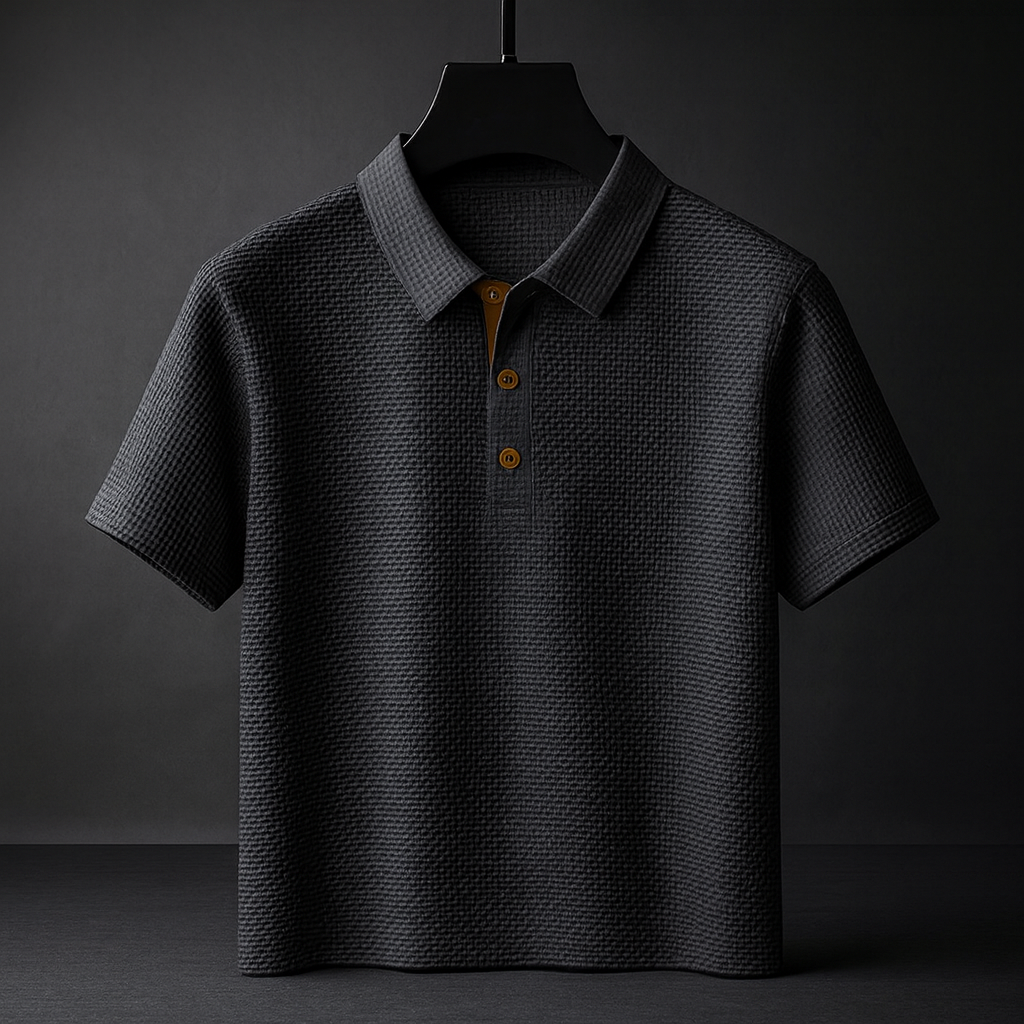 Close-up of a men's textured polo shirt, highlighting the fabric and tailored fit. A fashionable casual top for men.