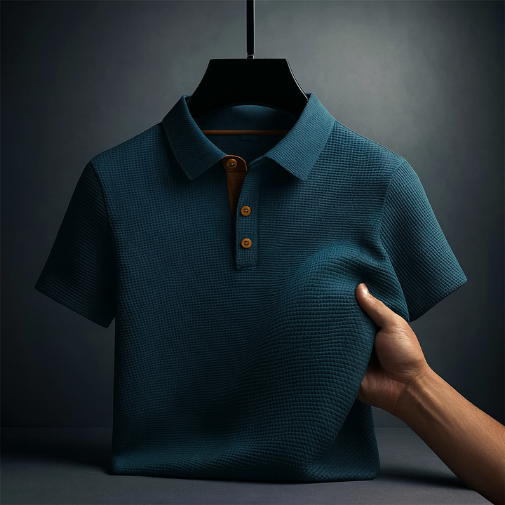 Summer men's polo shirt with a stylish textured weave, short sleeves, and classic spread collar for a refined casual look.