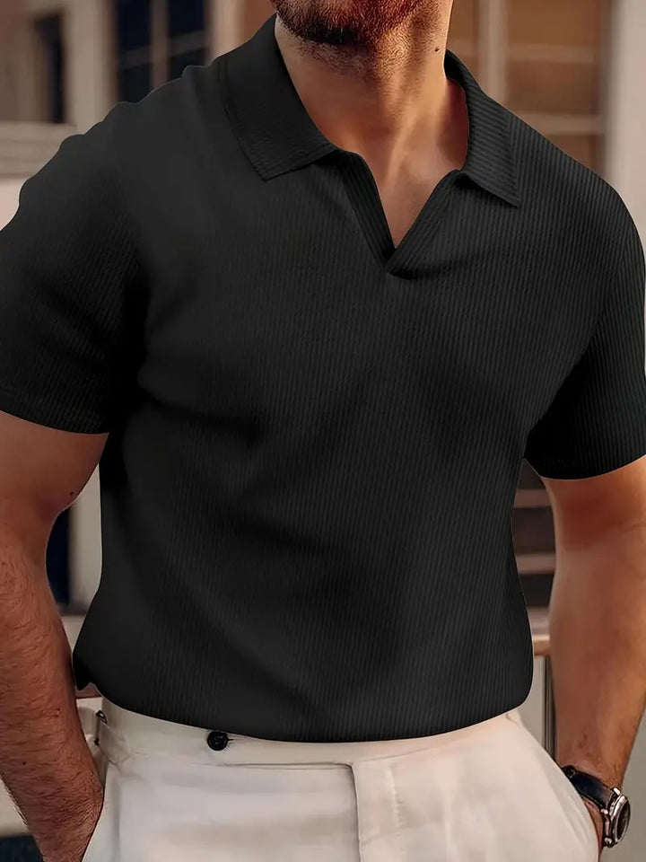 Modern men's slim fit textured polo shirt, perfect casual short sleeve top for summer, enhancing men's fashion.