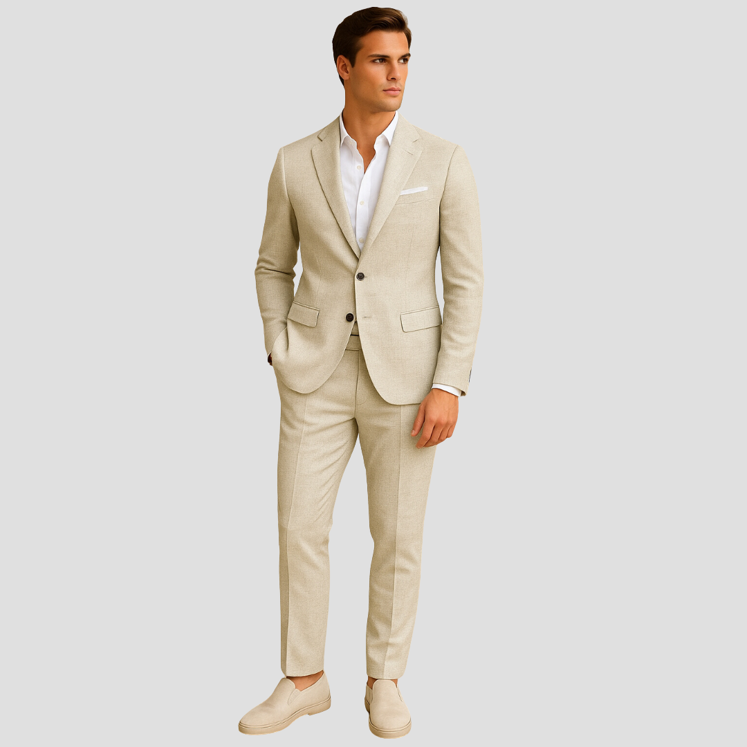 Men's two-button beige suit set, perfect for spring and warm weather formal business attire.