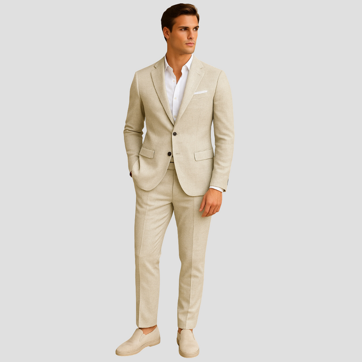 Men's two-button beige suit set, perfect for spring and warm weather formal business attire.