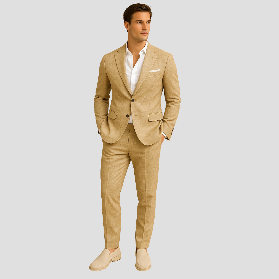Khaki men's two-button suit set, ideal for warm season formal fashion or business attire.
