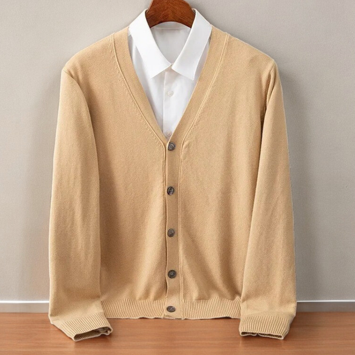 Men's Ultra-Soft Santorini knit cardigan, perfect for layering. Cozy, long-sleeve men's sweater.