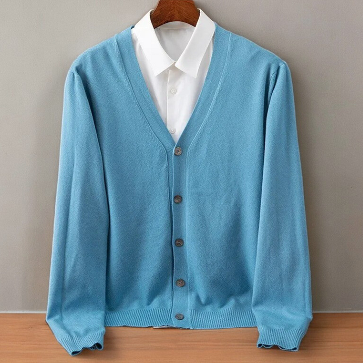 Versatile men's knit cardigan for everyday wear. Soft, stylish fall fashion layering piece.