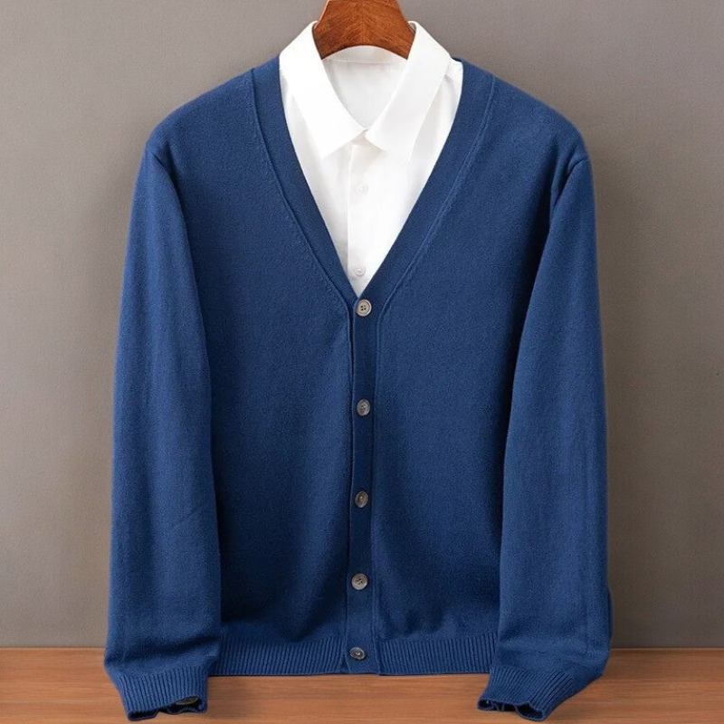Close-up of ultra-soft Santorini knit men's cardigan. Luxurious texture, casual men's sweater.