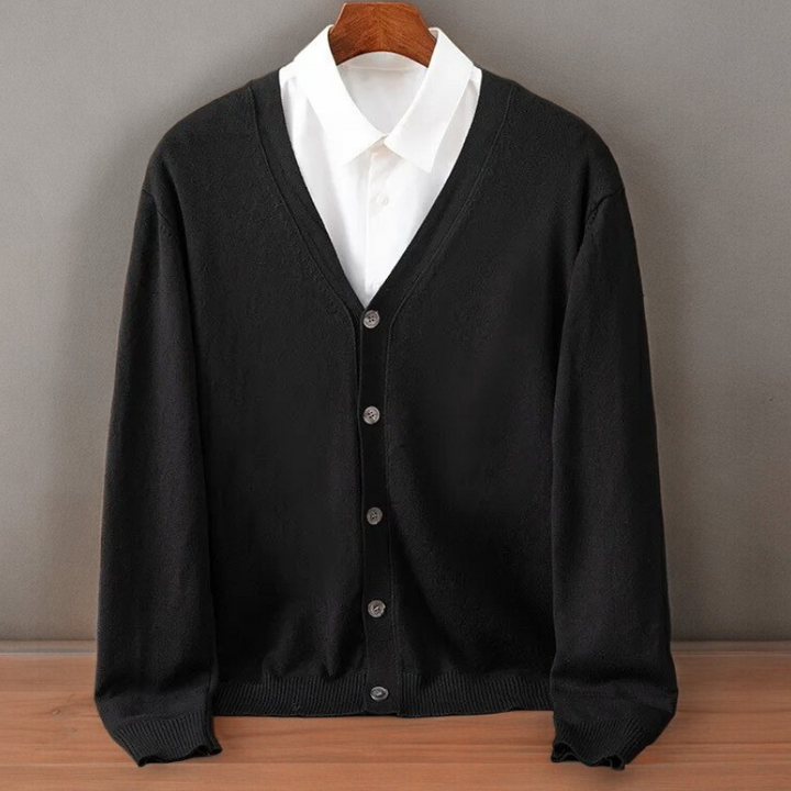 Casual men's long-sleeve knit cardigan in Santorini blue. Essential soft layering sweater for fall.