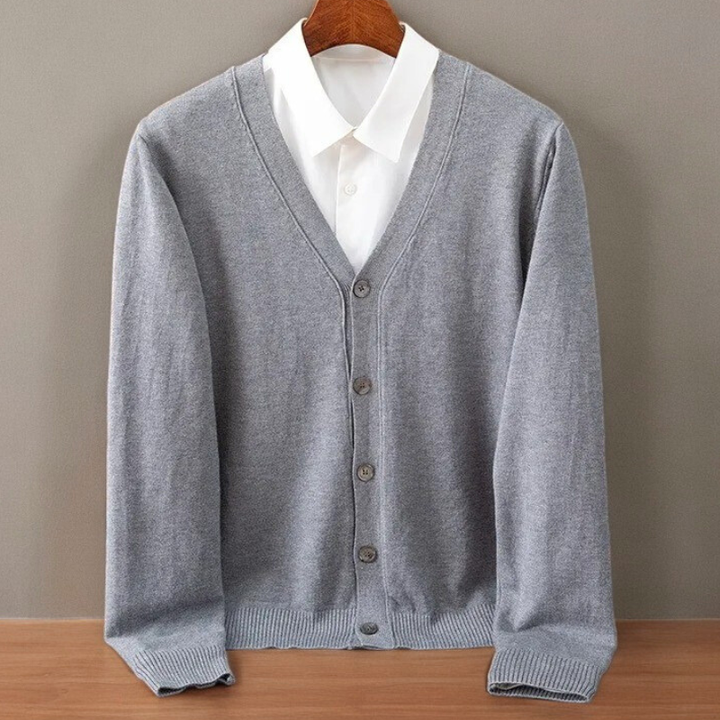 Modern men's Santorini knit cardigan. Soft, warm, and versatile layering sweater for casual style.