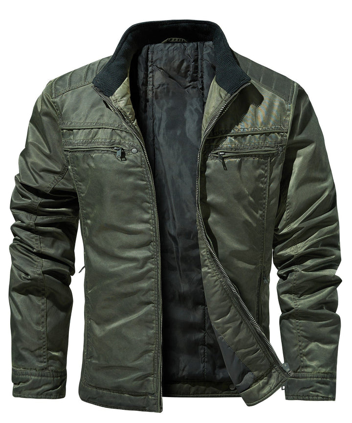 Men's Urban Military-Inspired Insulated Jacket, front view, dark green, casual fall fashion outerwear.