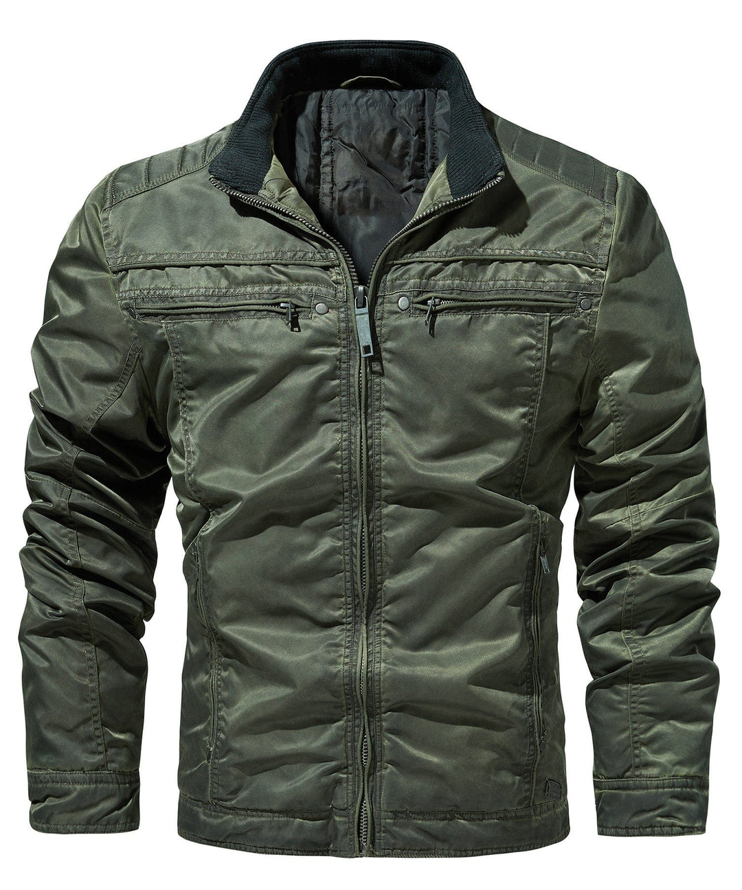Close-up of the durable fabric and stitching on the men's insulated military-style jacket.