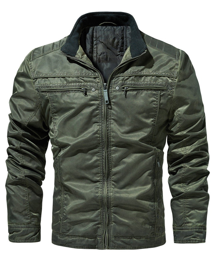 Close-up of the durable fabric and stitching on the men's insulated military-style jacket.