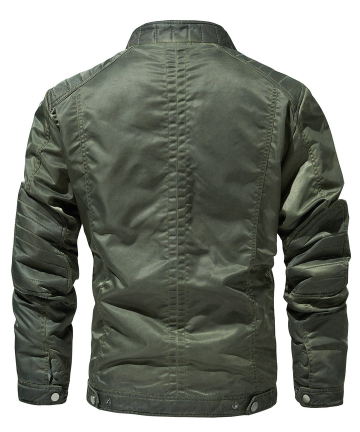 Rear view of the men's tough military-inspired jacket, showing the urban design and fit.