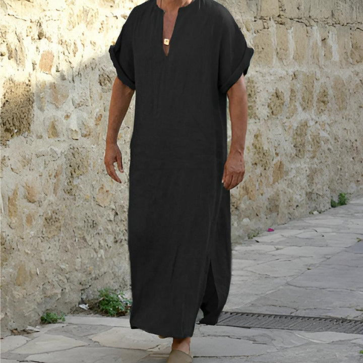 Men's V-neck long sleeve shirt with side slits, offering casual comfort and modern style.