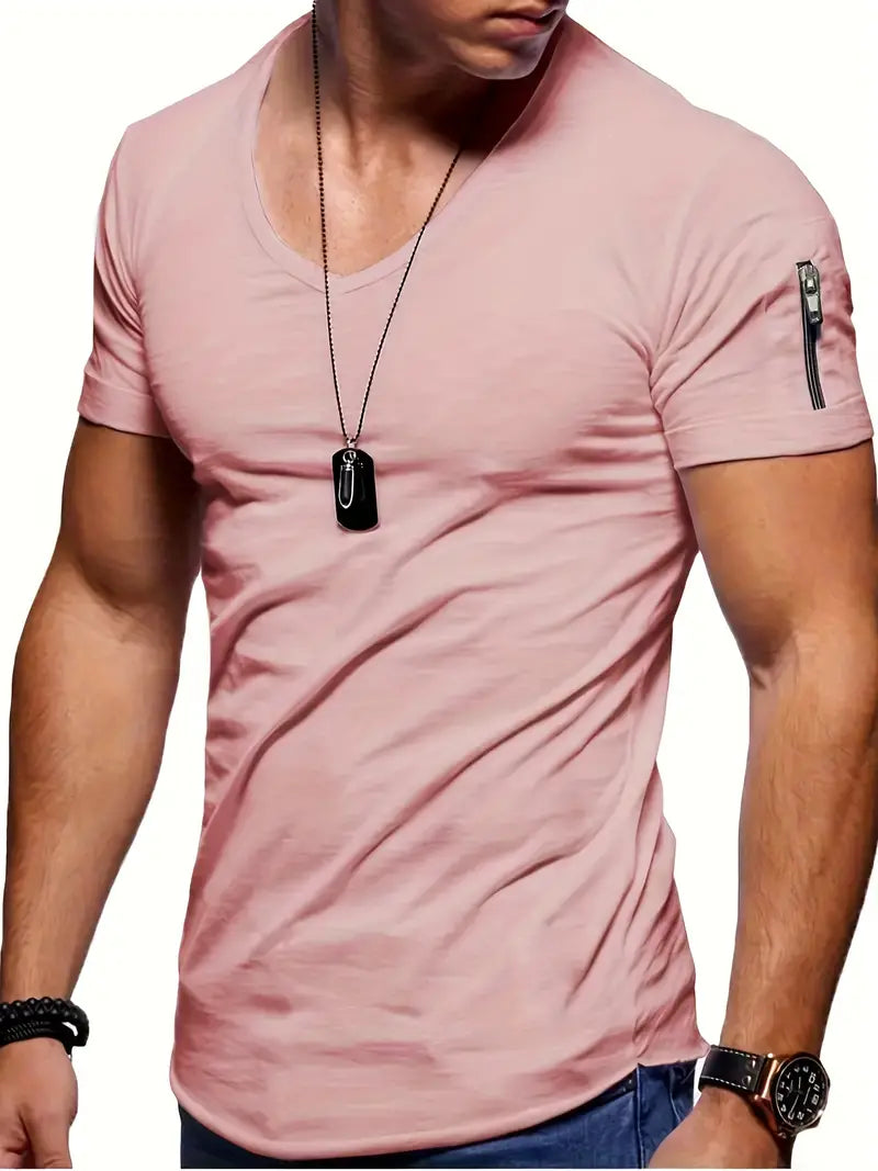 Everyday men's V-neck shirt, comfortable, with an athletic cut and zipper pocket.