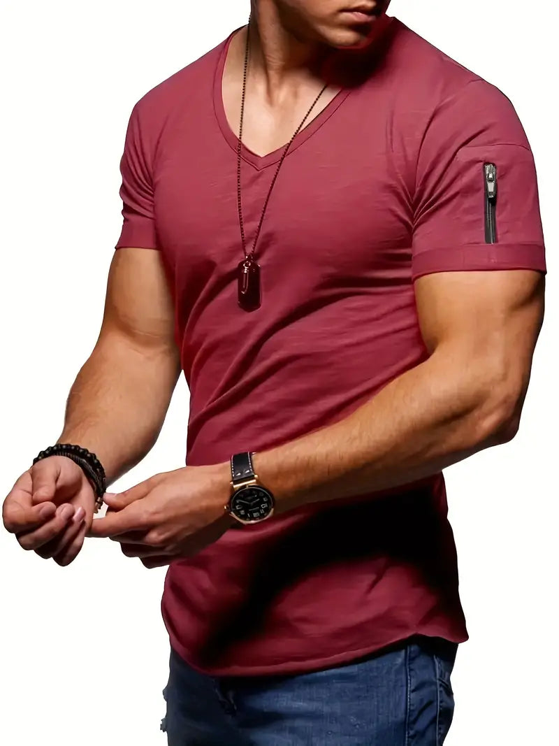 Basic men's V-neck tee, everyday summer shirt, with a cool zipper pocket detail.