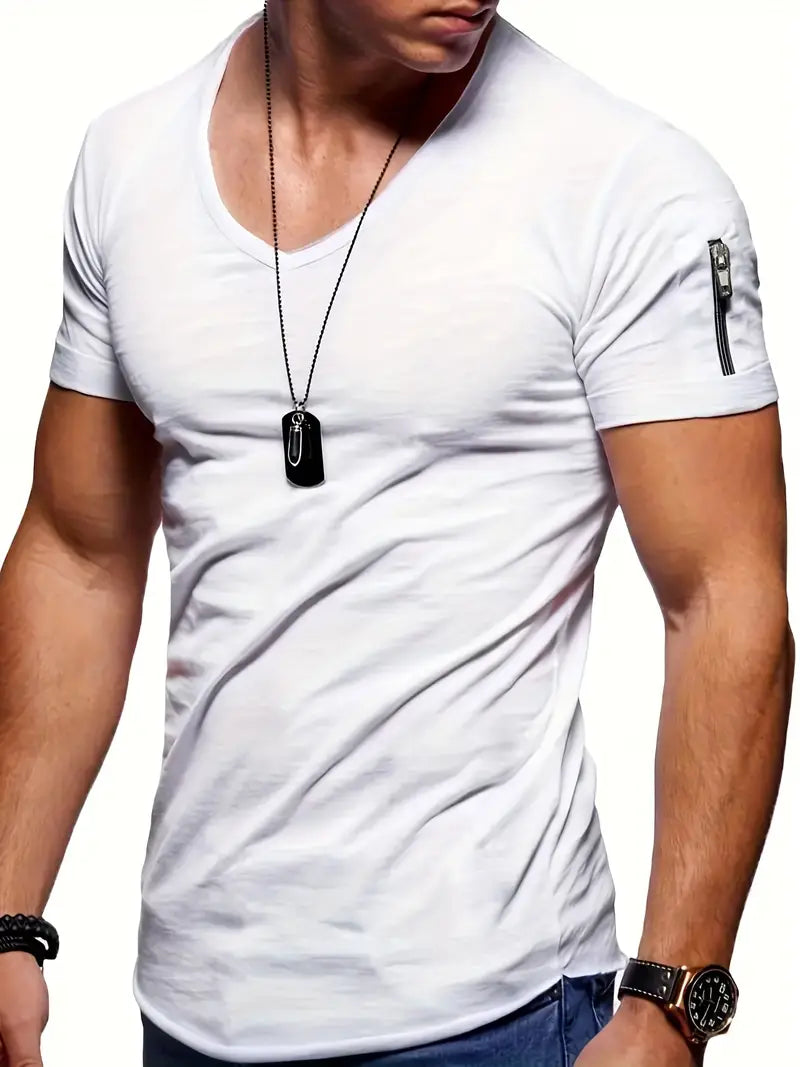 Men's casual V-neck tee, slim fit, perfect for summer, includes a convenient zipper pocket.