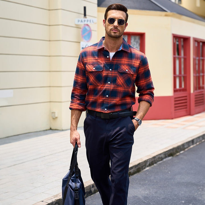 Men's Verona Plaid Flannel Shirt, navy and red plaid, 100% cotton, comfortable and breathable.