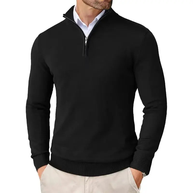 Navy men's half-zip sweater, a comfortable and stylish pullover for a layered wardrobe.