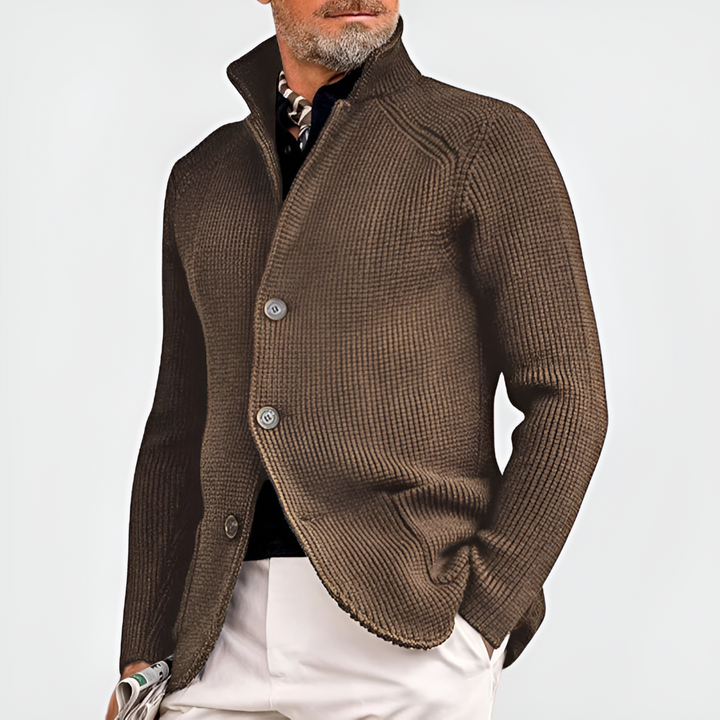 Stylish men's long-sleeve knitwear cardigan with button-front, ideal for cool weather, fall, or spring outfits.