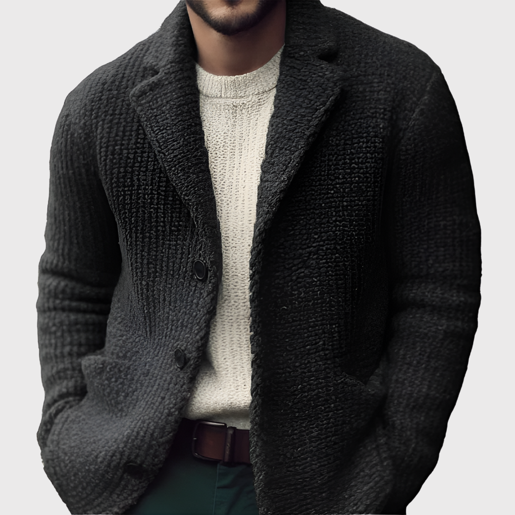 Everyday men's button-front knit cardigan, a versatile long-sleeve layering top for diverse casual outfits.