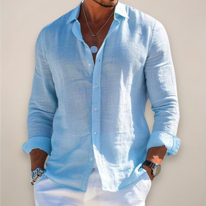 Stylish men's smart casual long sleeve button-up shirt, great for layering or wearing solo. Versatile.