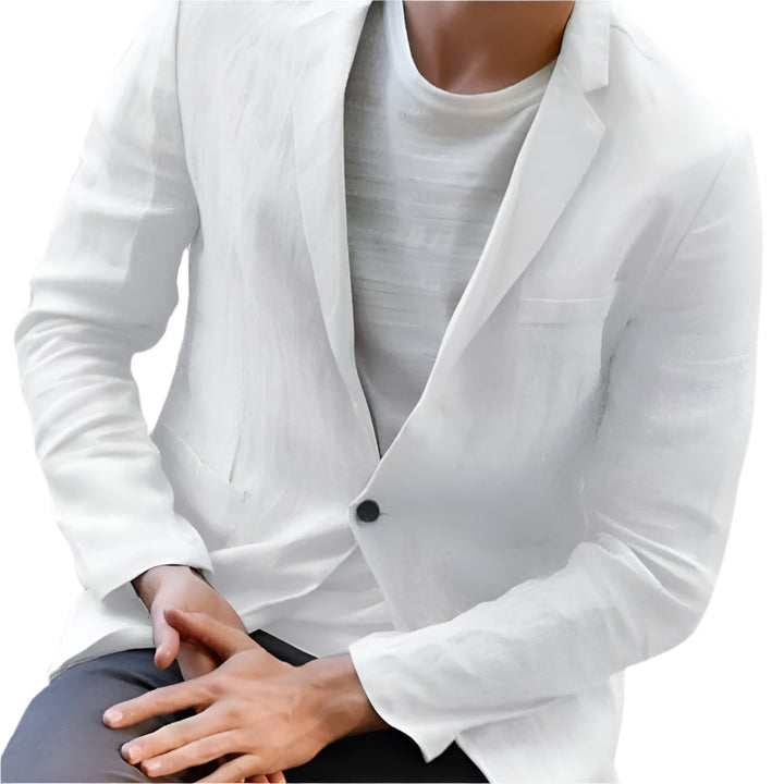 Men's versatile modern fit blazer in white. Ideal for elegant or business casual wear. Lightweight menswear.