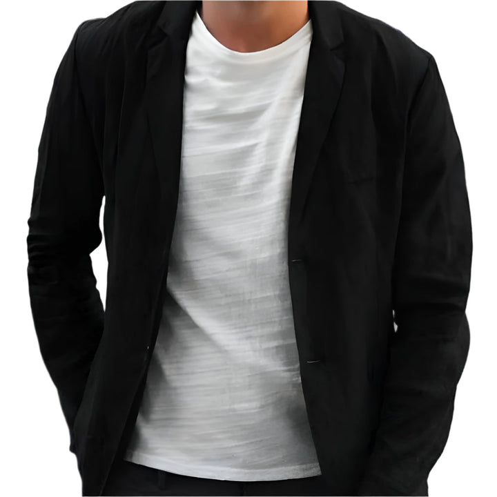 Stylish black men's blazer, lightweight modern fit. Versatile menswear for elegant outfits or casual wear.