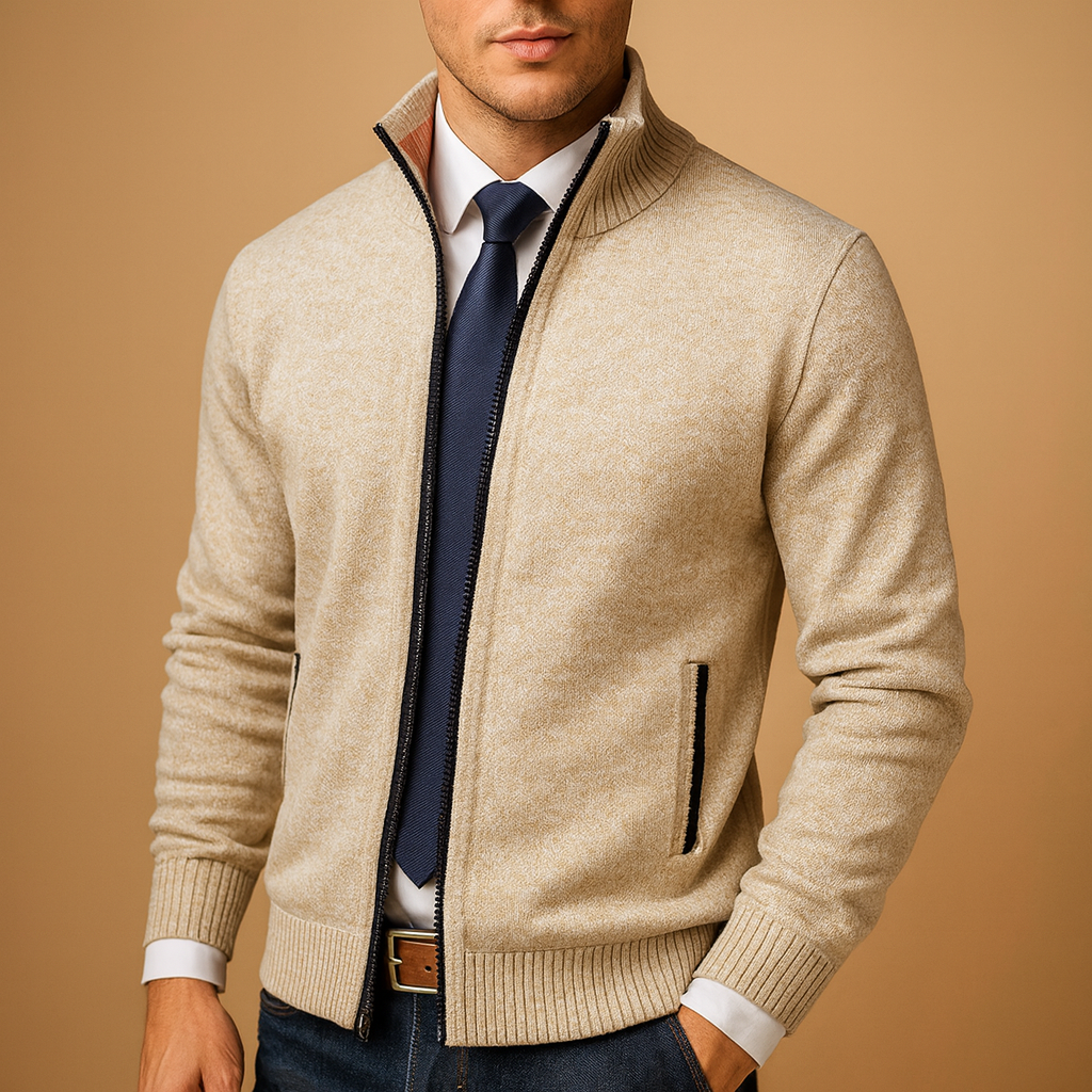 Men's versatile zipped cardigan sweater in modern style. Comfortable fall & winter knitwear, ideal for layering.