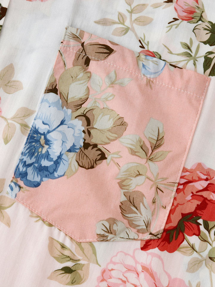 Flat lay of a stylish men's floral short sleeve button-down shirt, ready for summer.