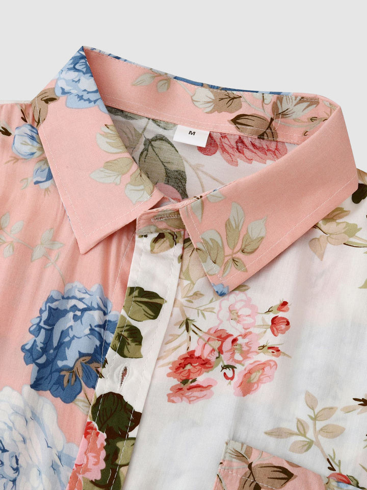 Unique design men's floral button-down short sleeve shirt, perfect for distinct summer style.