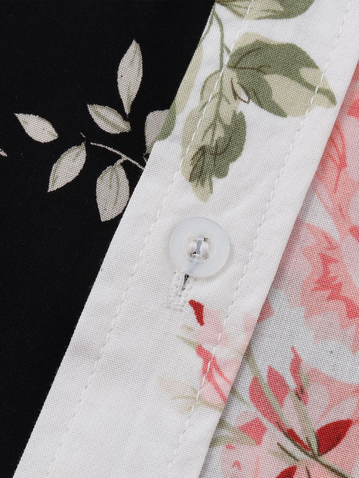 Breathable men's floral short sleeve button-down shirt, comfortable for warm summer days.