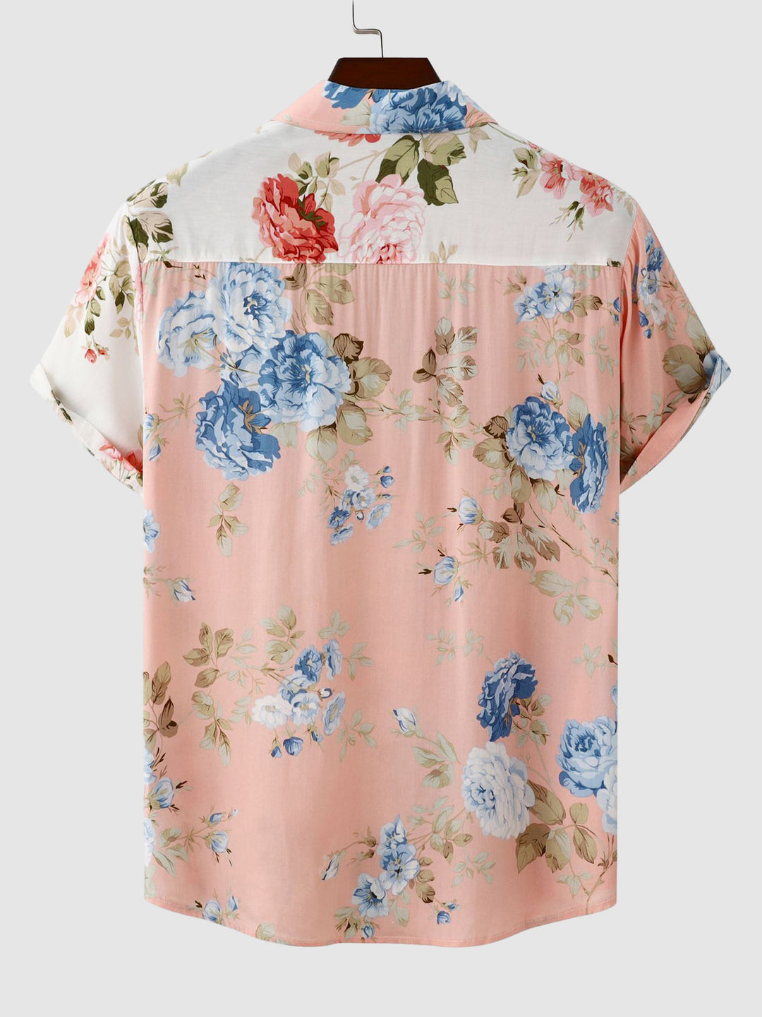 Back view of an elegant men's floral short sleeve button-down shirt, trendy summer wear.