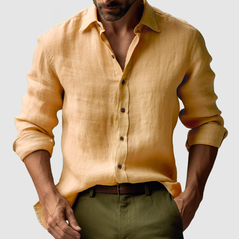 Detail of collar and buttons on a men's vintage long-sleeve button-up shirt. Smart-casual fashion.