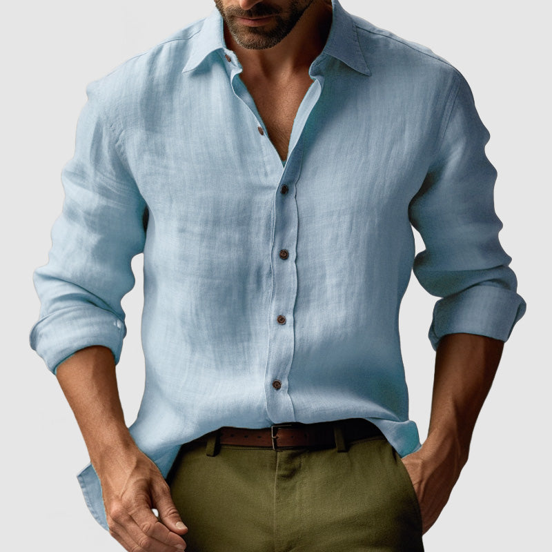 Back view of men's vintage long-sleeve button-up shirt, showcasing smart-casual fit & comfortable style.