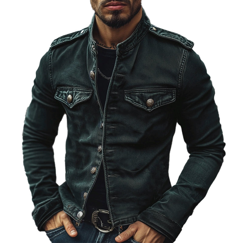 Men's vintage distressed blue denim jacket with stand collar, perfect for biker style fashion.