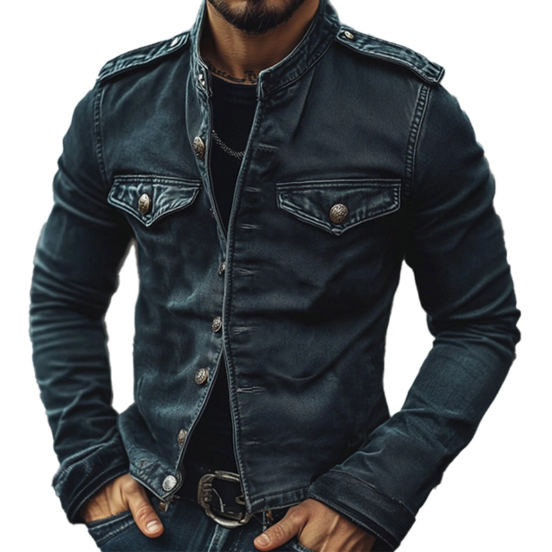 Mid-season men's vintage denim jacket, featuring a stand collar & trendy distressed blue fabric. Slim fit outerwear.